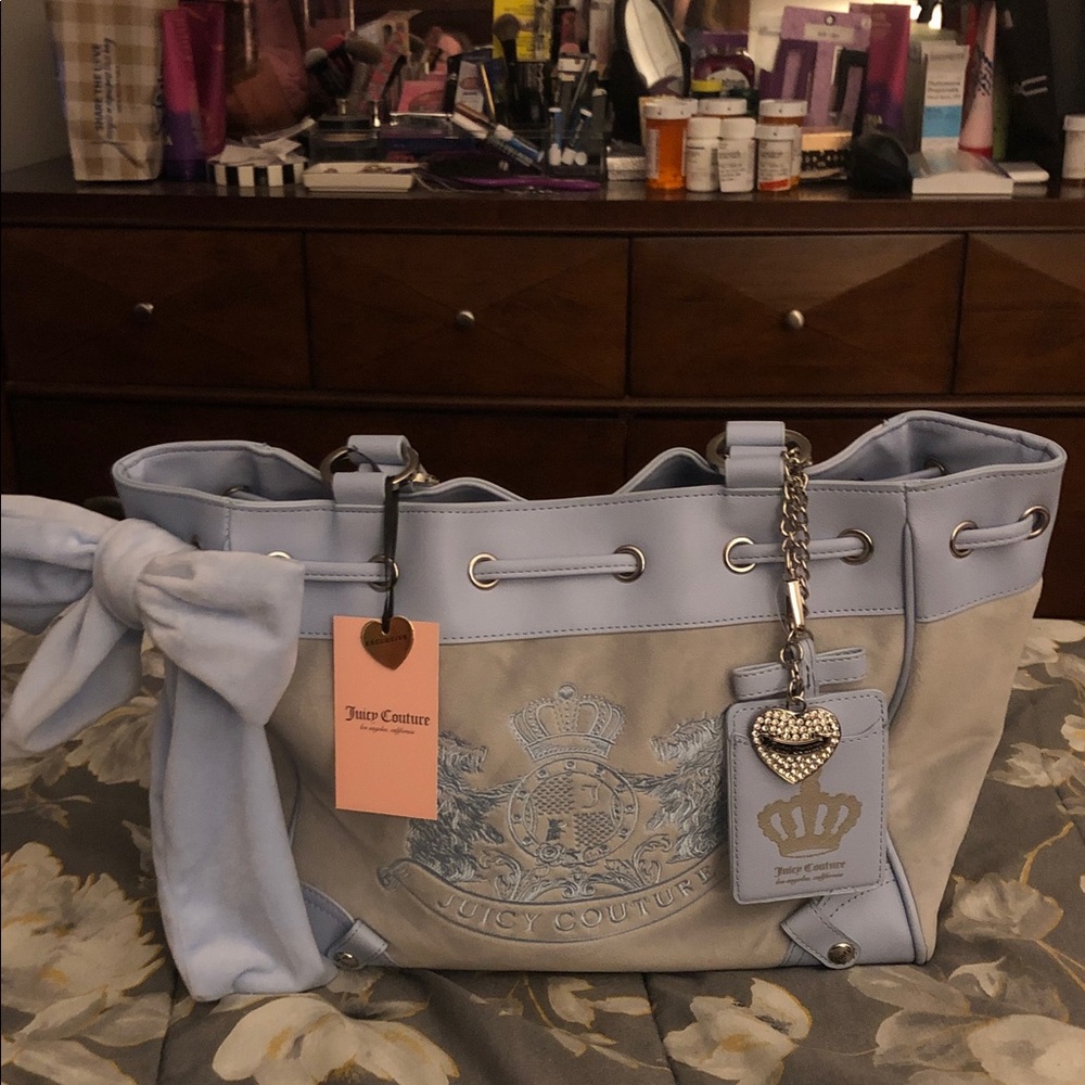 Juicy Couture Classic Scottie Dogs Daydreamer Dove Grey and Blue Tote Bag